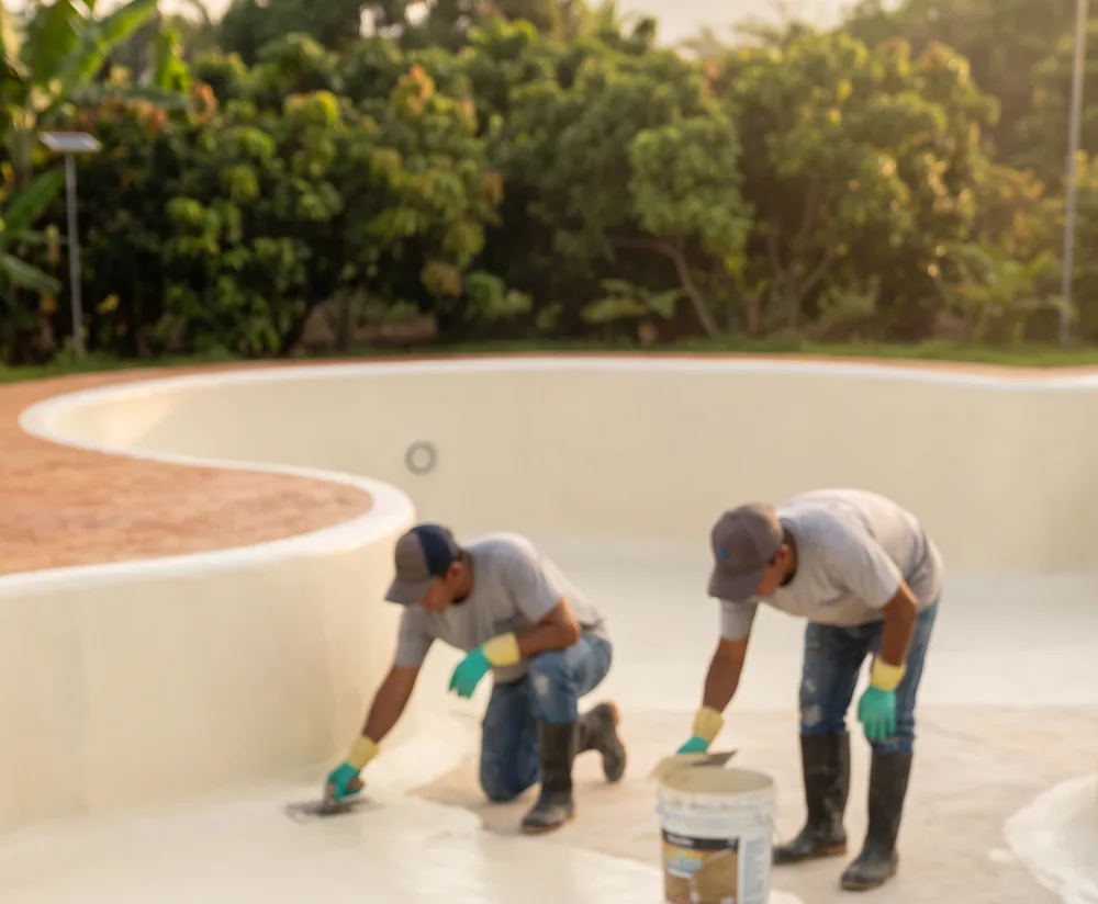 Obreros aplicando PISCIYÁ en una piscina vacía